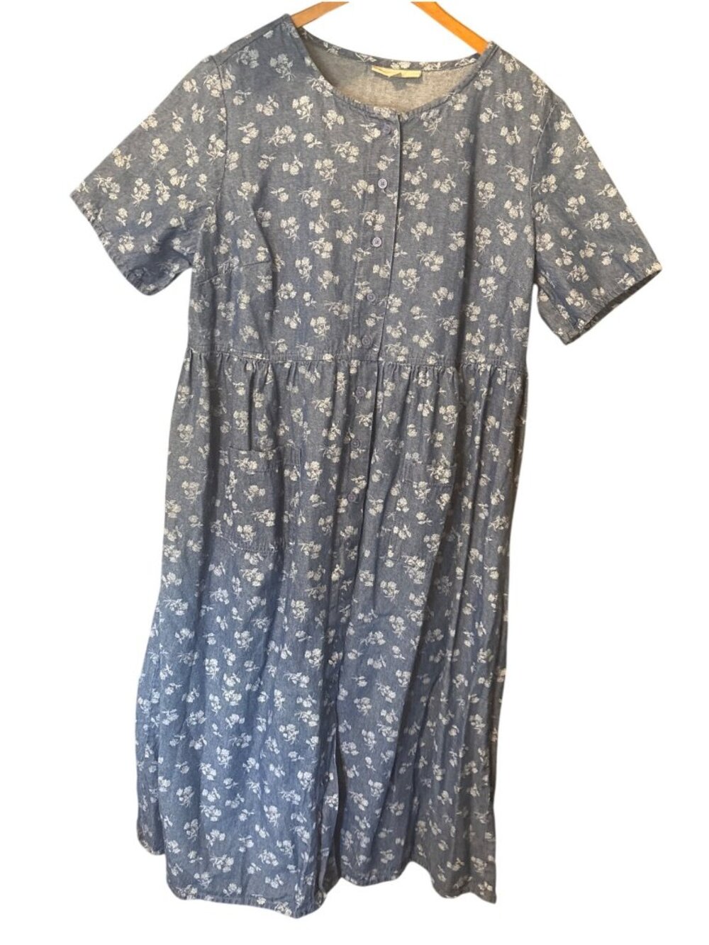 Woman Within Denim White Floral Button Dress PKTS 16W Short Sleeve Midi Modest